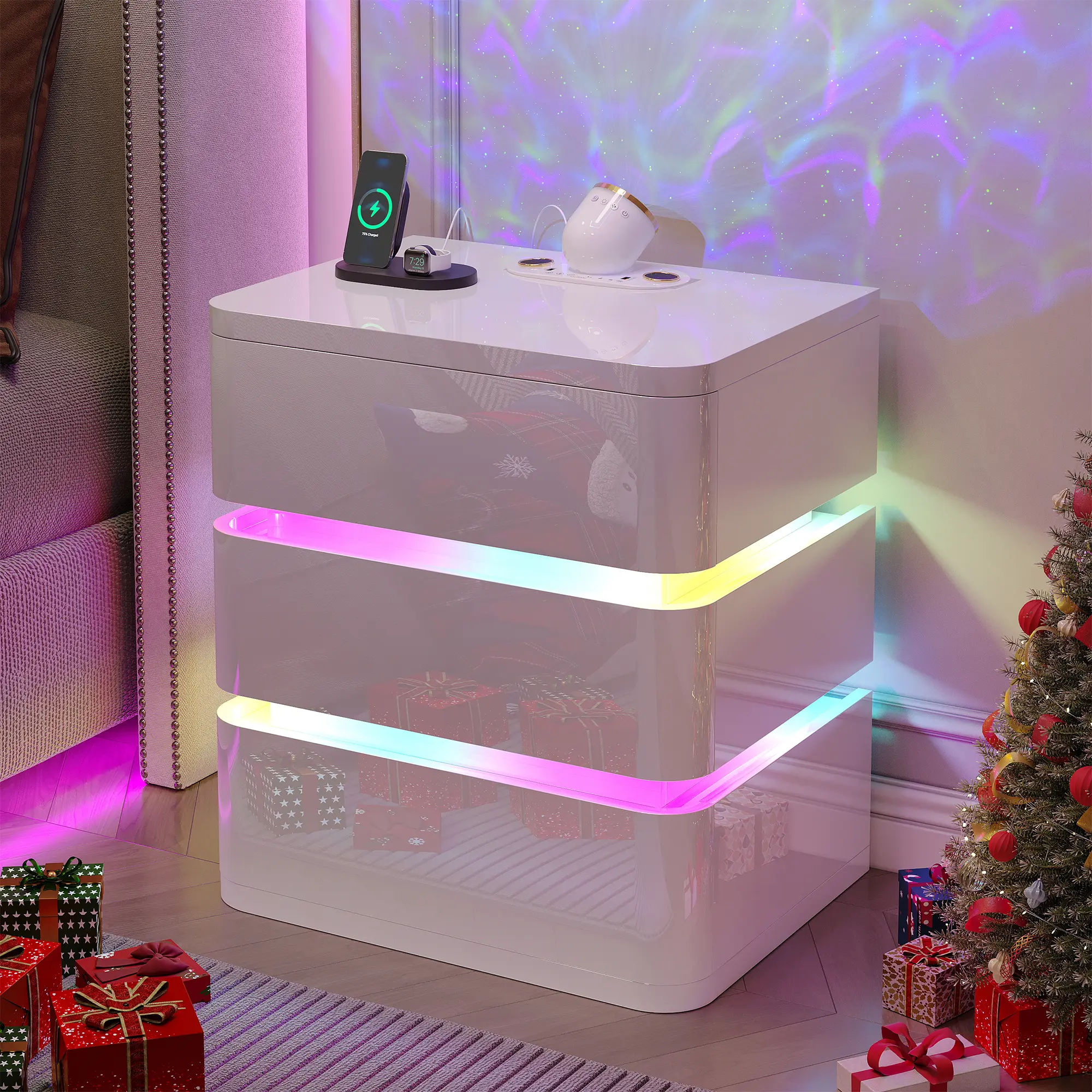 Dystler Modern 3-Drawer Bedroom Nightstand Furniture - Curved Profile, No Assembly Required, Built-In Charging Ports, Motion Sensor RGB Light, Deep Space, Card-Lock Drawer