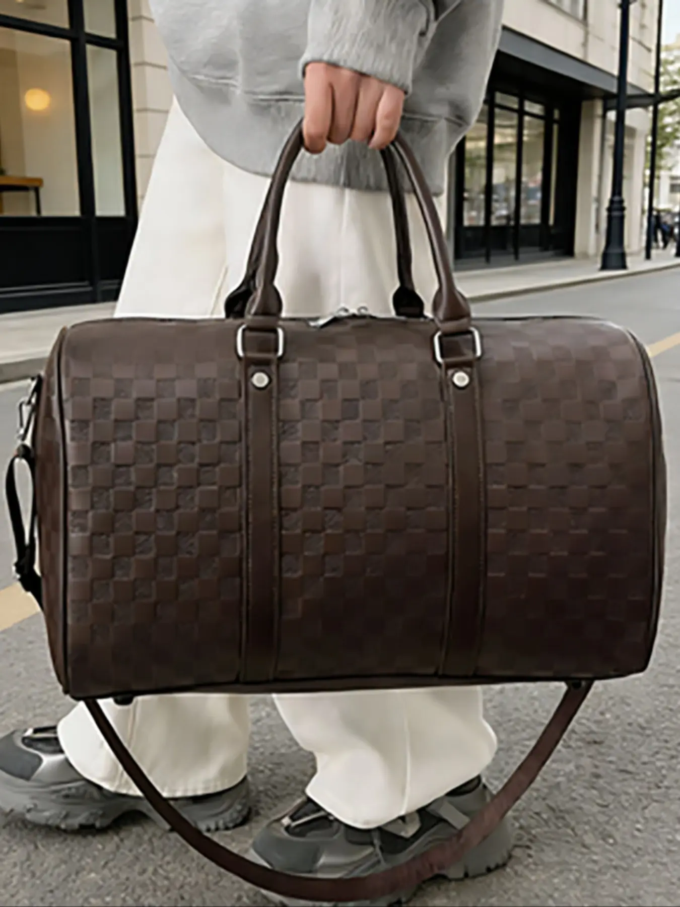 Fashion Checkerboard Pattern PU Leather Zipper Travel Duffle Bag, Large Capacity Luggage for Women & Men, Casual Sports Fitness Bag for Travel & Business, Travel Duffels, Duffel Bags