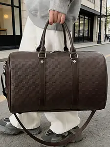 Fashion Checkerboard Pattern PU Leather Zipper Travel Duffle Bag, Large Capacity Luggage for Women & Men, Casual Sports Fitness Bag for Travel & Business