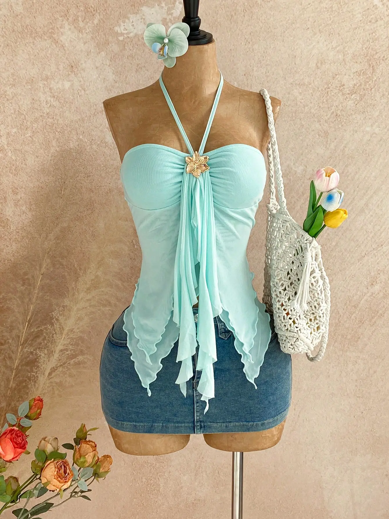 Women's Mint Green Summer Elegant Fairycore Camisole,Beach Vacation Holiday Asymmetrical Hem Top With Seashell Decor, Tankini Sfairycore camisole women, seashell decor top women