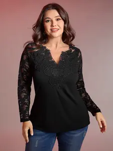BLOOMCHIC Women's Plus Size Collared Neck Long Sleeve Sheer Lace Fitted Solid Blouse - Regular Length Elegant Casual Clothes, M-6X Black 2026 Summer Vibes Swimweek Top