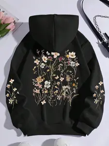 Women's Floral Print Drop Shoulder Hoodie, Fashion Casual Drawstring Pocket Hooded Sweatshirt for Daily Holiday Outdoor Wear, Women Clothing for Fall & Winter
