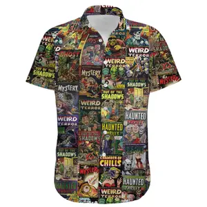 Men's Vintage Horror Comics Tropical Hawaiian Shirt - Stylish Shortsleeve Breathable Button-Up, 65% Polyester 35% Cotton Soft Fabric, Vibrant Colors, Relaxed Fit, Casual Menswear Clothes