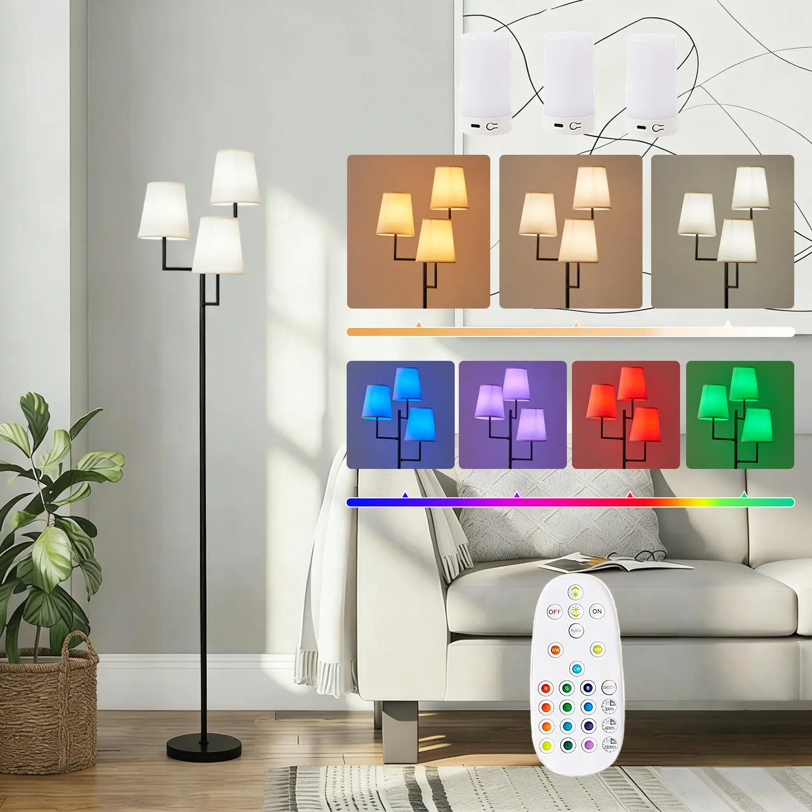 3-Head Rechargeable Wireless RGB LED Floor Lamp with Fabric Shades, Dimmable Brightness, Remote Control for Bedroom, Living Room Home Decor, Rgb Led Lights