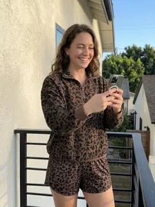 Women's Casual Leopard Print Zip-Up Hoodie Long Sleeve Loose Fit Half-Zip Design Brown & Black Retro Style For Spring Fall