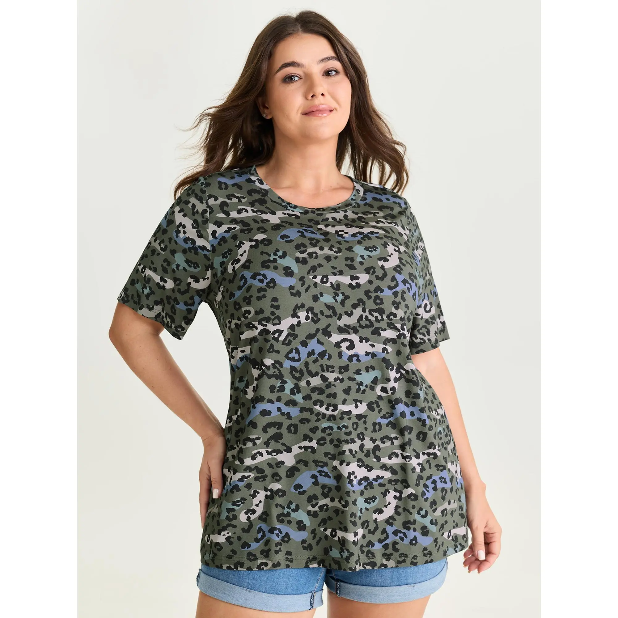 BLOOMCHIC Women's Camouflage Leopard Print Rayon Round Neck Short Sleeve Casual T-Shirt - M-6X Sizes, 2026 Curvy Plus Size Clothes, Beach-Ready Tee, Multicolor Summer Vacation Outfits, Curvy Plus Size Clothes 2026