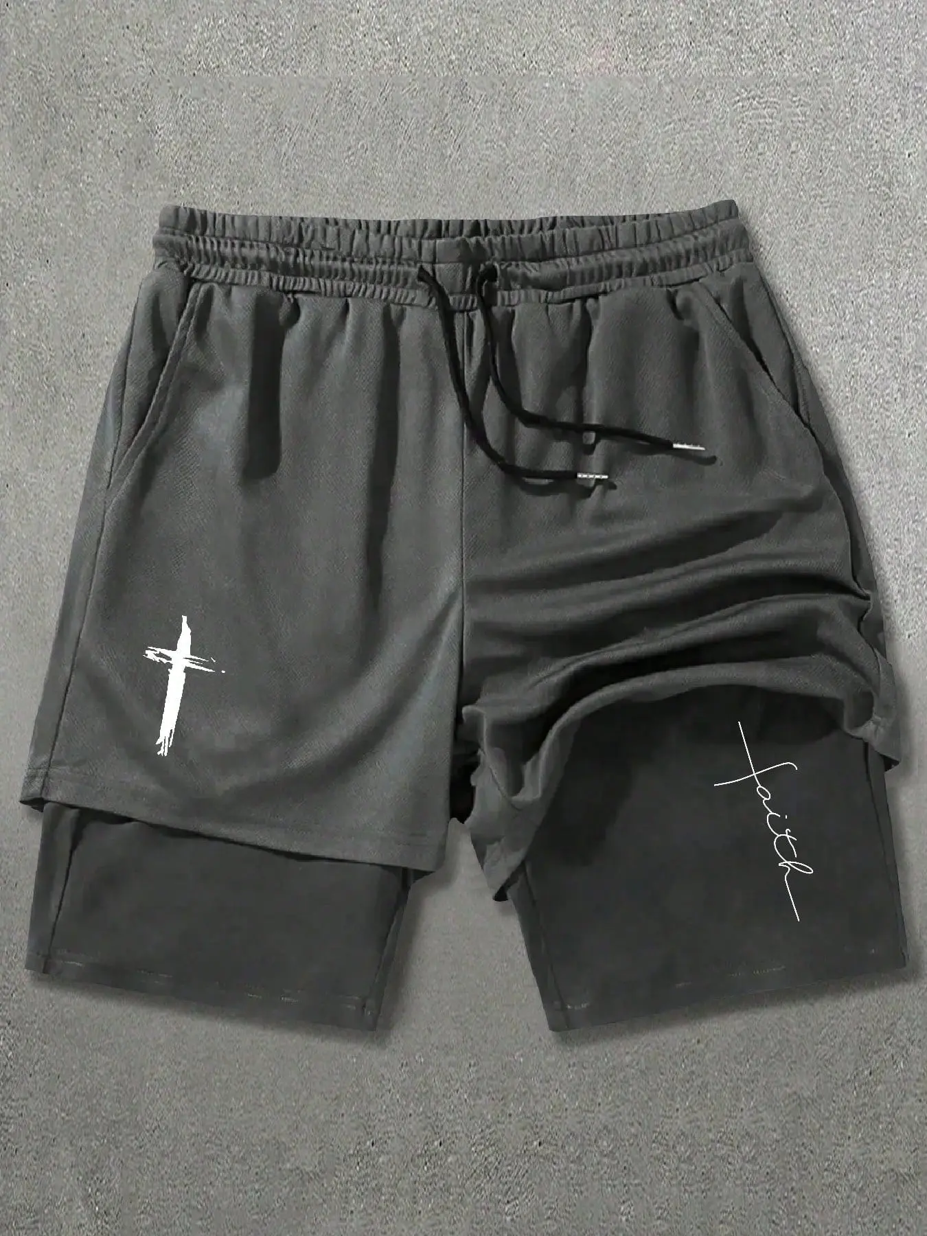 Faith Over Fear Men's Double Layer Mesh Shorts, 2-in-1 Sport Shorts with Script Lettering & Cross Detail, Elastic Waist Activewear for Gym Aesthetic & Outdoor Sports