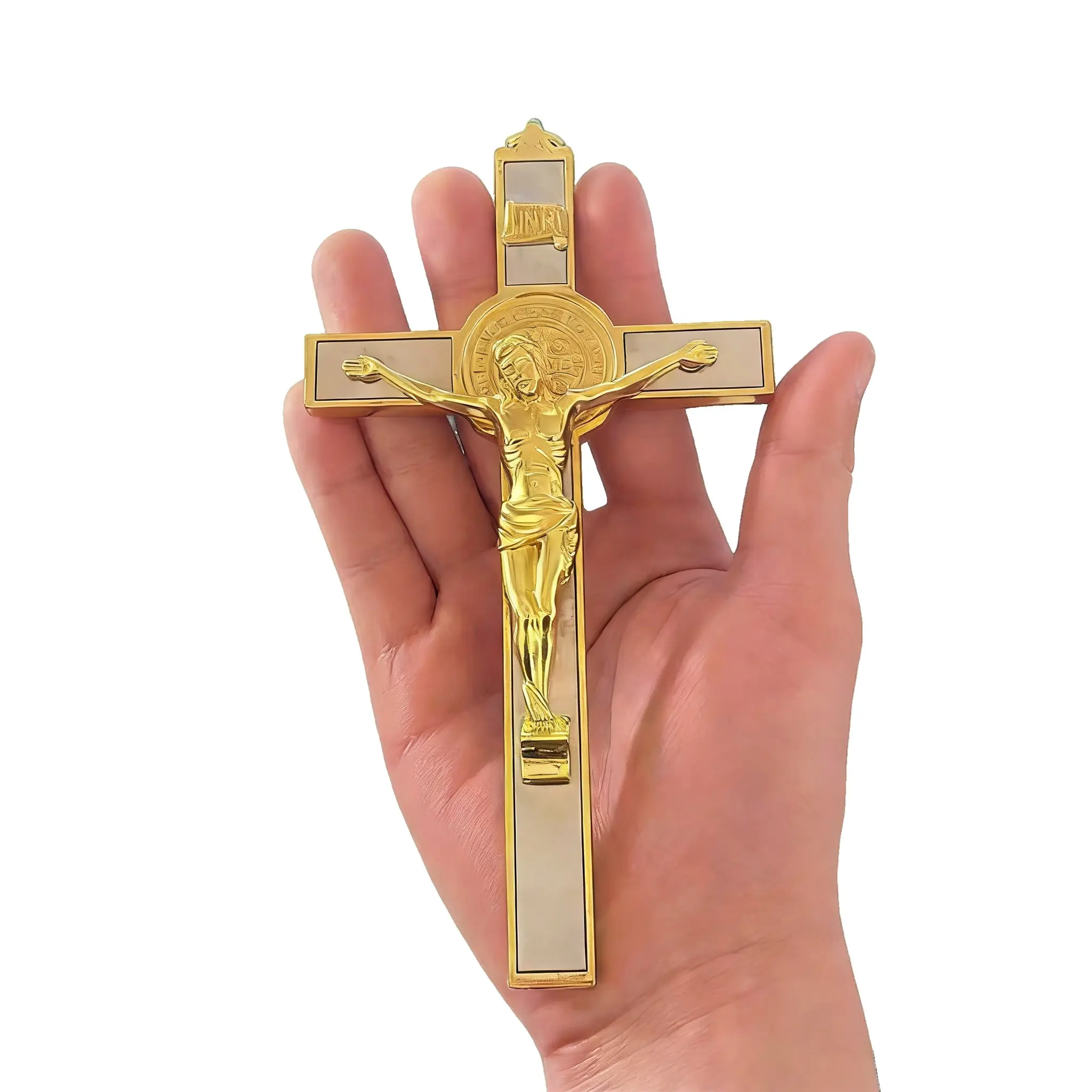 Antique Gold Crucifix Wall Cross-St. Benedict Metal Wall Art Religious Decorations-6.89 InchX3.74 Inch Gold Enamel Give Blessing and The Spiritual Sacred:Faith Gift ack To Shool for your Acquaintances