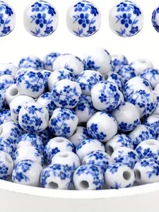 100pcs 8mm Ceramic Beads, Durable Beads for Crafts, Diy Mix Beads, Blue Ditsy Floral Print, Round Ceramic Spacer Beads, Handmade Jewelry Making Supplies, Diy Jewelry Accessories, Diy Jewelry Decoration