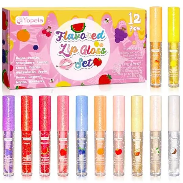 Yopela 12pcs Lip Gloss Bulk With Vitamin E and Natural Oils, Long Lasting Moisturizing Plumping Glitter Lip Gloss Set for Girls Teens & Women, Birthday Party Favors Gifts - 12 Fruity Flavored