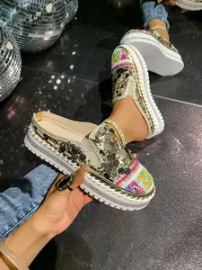 Colorful Sequined Thick Sole Rubber Half Slip-On Women's Shoes, Ethnic Style Woven Platform Mules, Fashionable and Comfortable Footwear