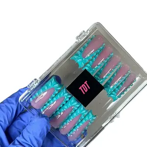 TDIDTHATNAILS-Long Teal Textured French Tip Acrylic Press Ons