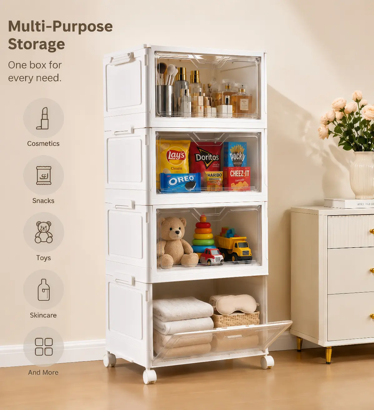 Portable Clear Storage Bins with Lid & Wheels, 24QT Clear Storage Bins with Lid, 4-Tier Plastic Bins with Wheels, Stackable, Magnetic Doors, for Bedroom, Living Room, Office