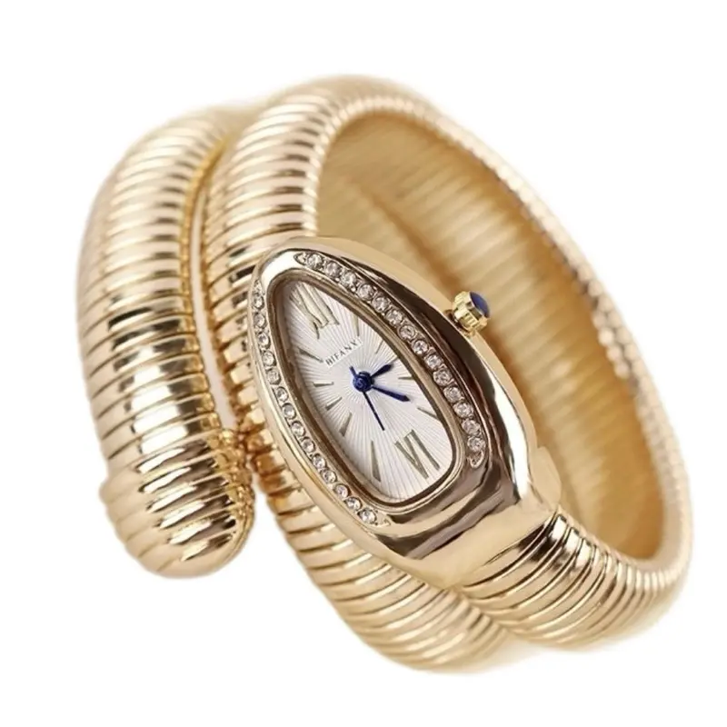 Vintage Snake Quartz Women's Watch with Decorative Stones, Black Dial, and Elegant Design