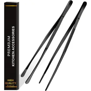 2 count 12-Inch Cooking Tweezers Tongs,Extra-Long Stainless Steel Kitchen Tweezer Tongs - Black
