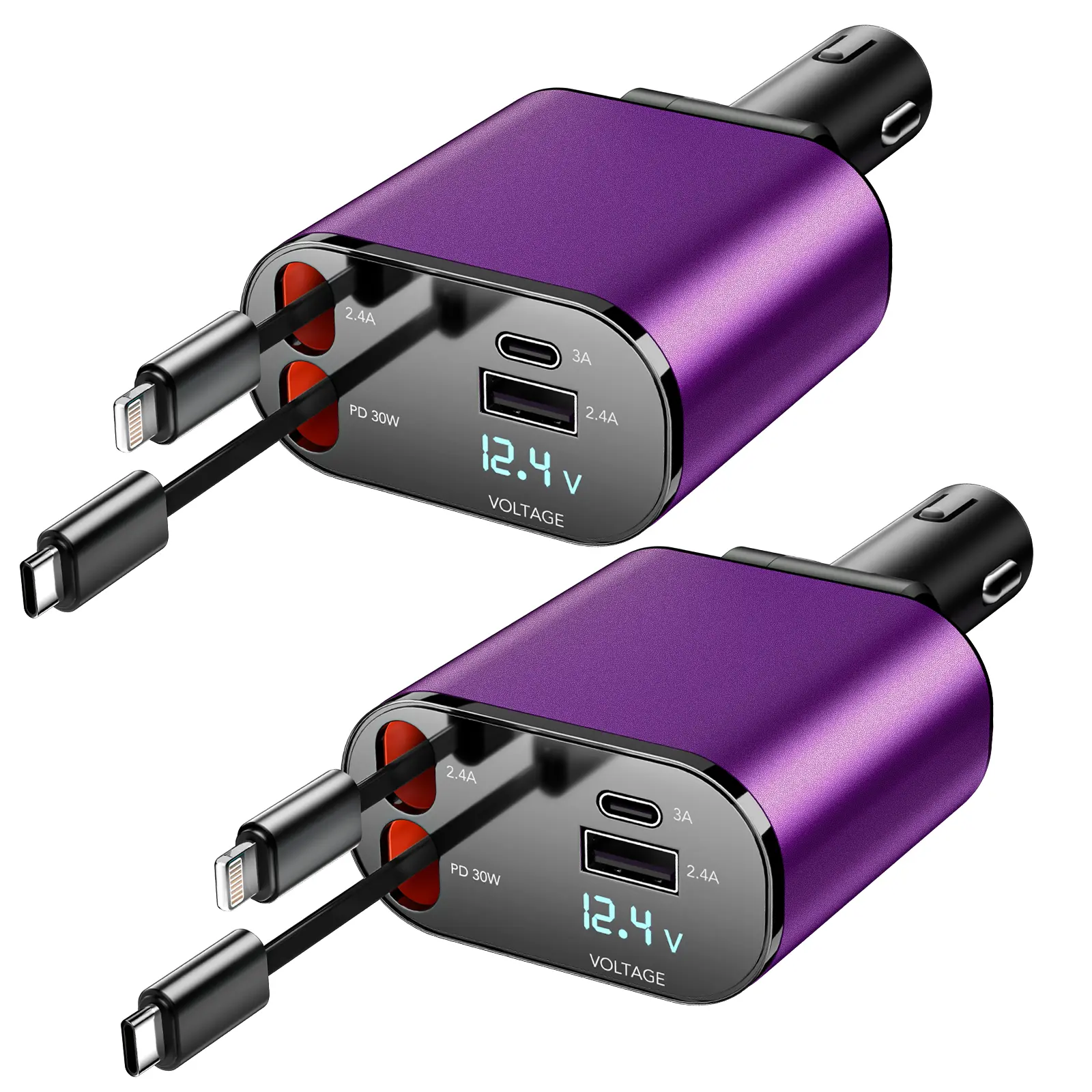 SPGUARD 2-Piece Retractable Automotive Charger Set - 66W Fast Charge, 2 USB Ports, Multi-Connector Chargers, Car Adapter Mobile Phone Accessories, Supports QC for Faster Type-C Devices, Compatible with iPhone, Android, iPad, Galaxy, Google