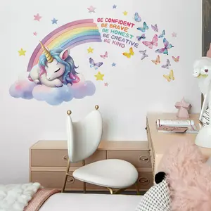 English Inspirational Rainbow Unicorn Decorative Wall Sticker, Cozy Bedroom Children Cartoon Decoration, Cute Kids Room Decor, Motivational Art