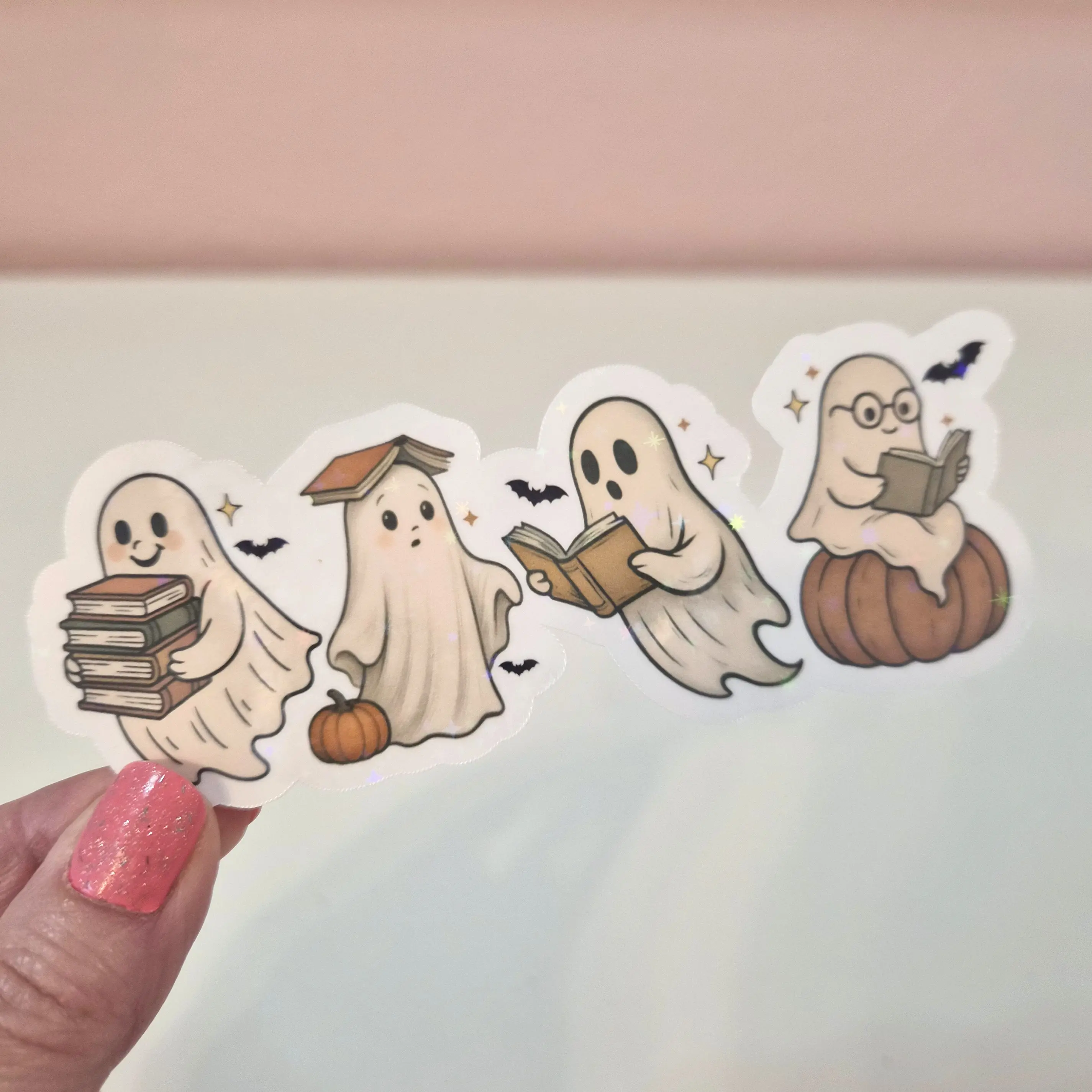Fall Ghosts Reading Books Sticker - Waterproof Glitter or Glossy Stickers 1.5" x 4.5" Size Customizable for Kindle Book or Tablet Durable Stylish Design