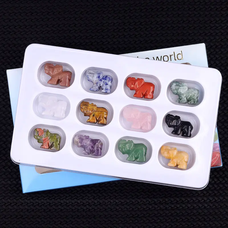 Elegant Elephant Figurines, Set of 12 Hand-Carved Pieces in Natural Agate, Glamorous Natural Crystal Decorations, Collectibles, Gemstone, Elegant Natural Crystal Decorations