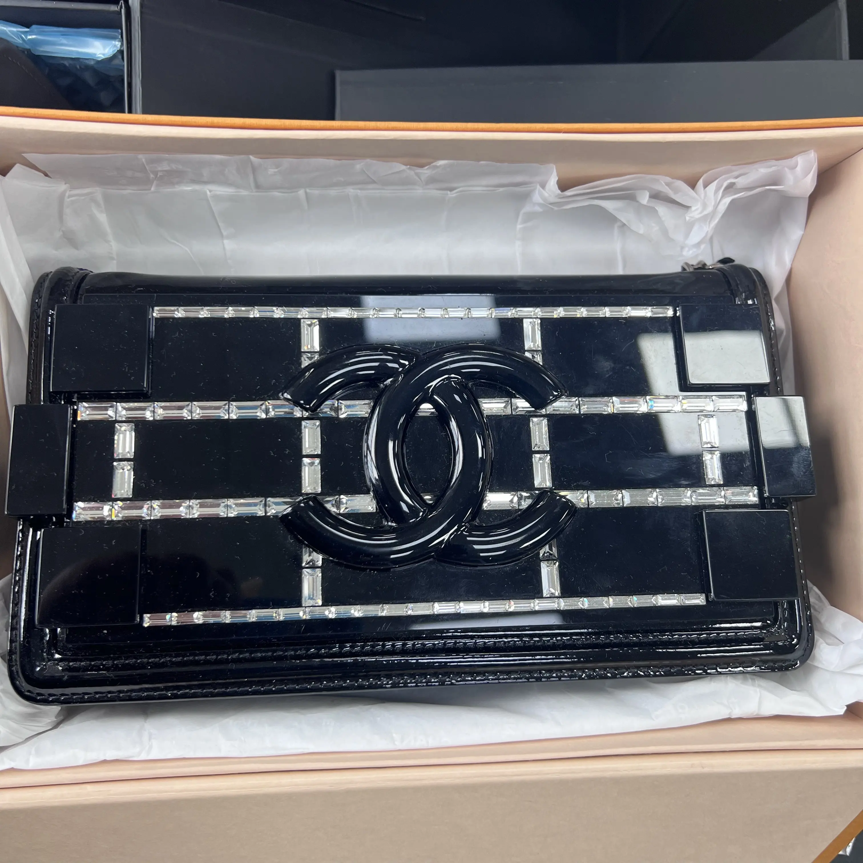 Pre-owned CHANEL france Crossbody Bags HH limited edition building block bag black patent leather rhinestone evening bag
