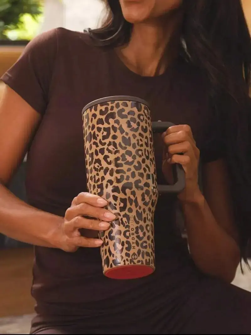 Sturdy Stylish HydroJug 40 oz Stainless Steel Insulated Travel Tumbler - Leakproof Leopard Print Vacuum Flask, Handle, Straw, 24-hour Cold Insulation, Car Cup Holder Compatible