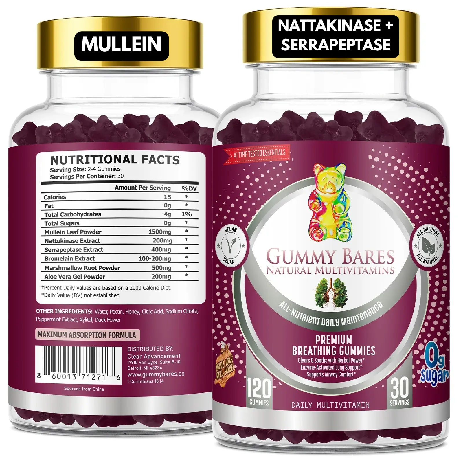 Mullein Leaf & Marshmallow Root Gummies – Lung Cleanse & Mucus Removal with Bromelain, Nattokinase, Serrapeptase Detox, 120 ct | Gummy Bares