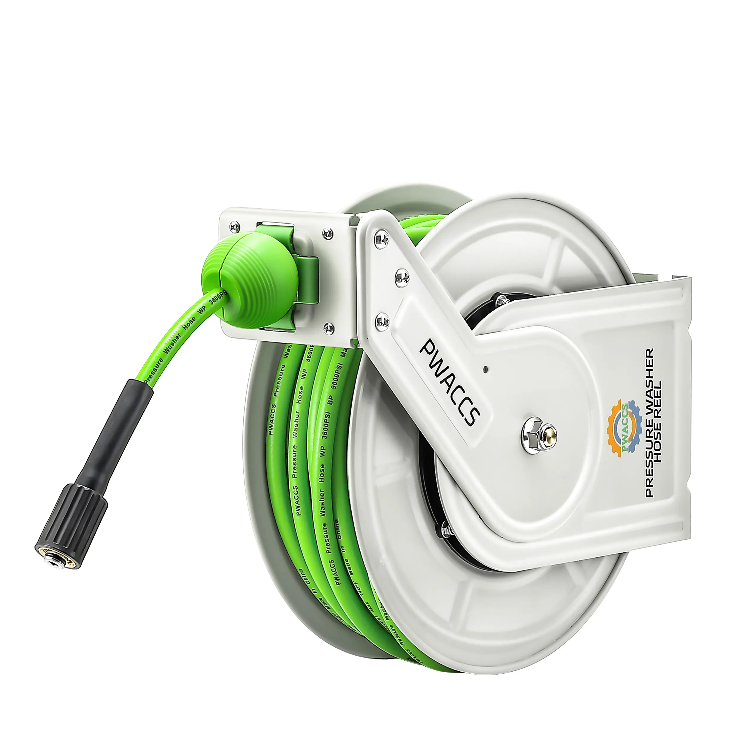 PWACCS Retractable Pressure Washer Hose Reel - 1/4"-60ft Heavy-Duty Auto-Rewind Tool with Retractable Garden Hose, Stainless Steel Connector, Secure Mount Helps Prevent Accidents, Wall/Floor-Mountable, 5000 PSI, for Patio Cleaning, Car Wash