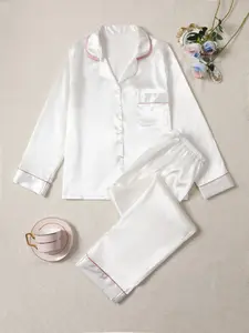 Comfortable Plain Satin Sleepwear Set, Soft Long Sleeve Button Up Top & Elastic Waist Pants, Casual Everyday Women's Loungewear Pajama for All Seasons