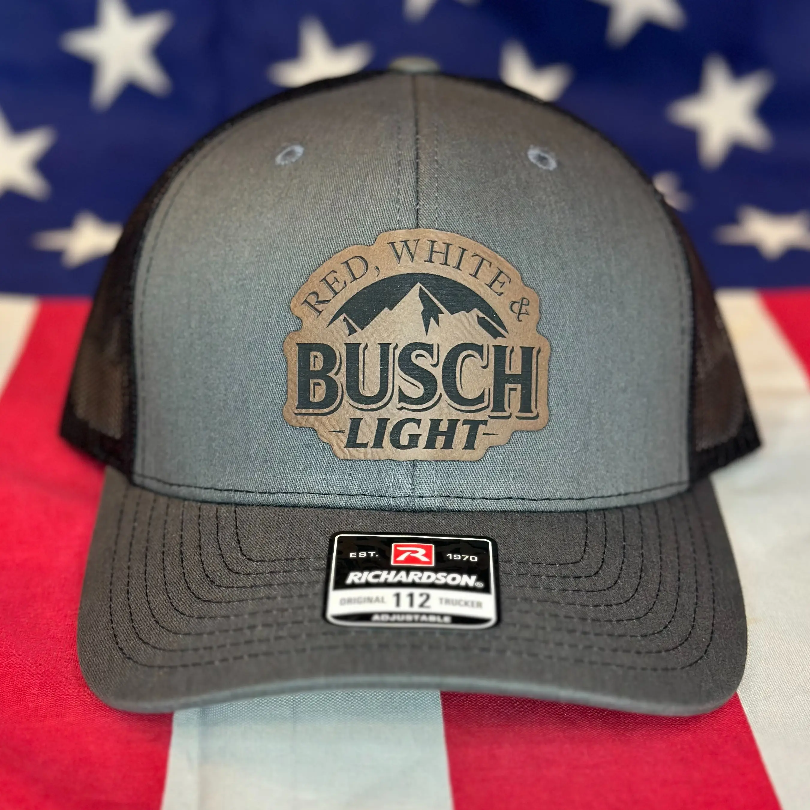Richardson Red, White & Busch Light Mens Hat - Premium Leatherette Patch, Iconic Lettering, Gray Color, Humorous Badge, Graphic Festival, Funny Statement Hat for Beer Lovers, Mens Hats, Lettering Hats