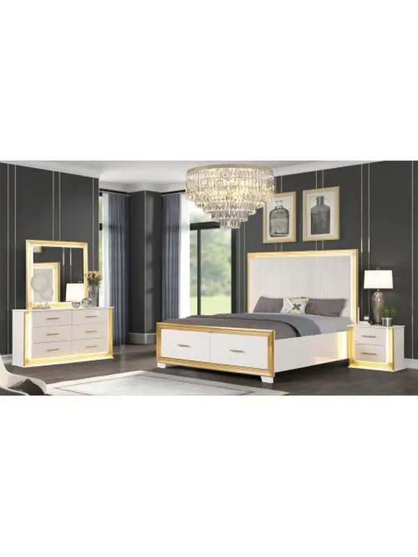 Desire Queen 4-Piece Bedroom Set - LED Lights Upholstered Bed, Marble-Finished Wood Storage Nightstand, Metallic Trim for Glam Bedroom Decor & Sophisticated Contemporary Indoor Retreat