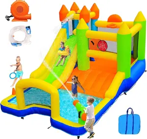 Bounce House, Inflatable Water Slide for Kids, 9 in 1 Bounce Castle w/Long Slide, Climbing Wall, Ball Pit Pool, Soccer Goal, Blow Up Water Park w/Air Blower, for Indoor Outdoor summergarden