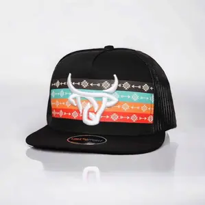 [BEST 2026] Black Aztec Bull Trucker Hat, Embroidered Longhorn Snapback Cap, Western Serape Stripe Patch Mesh Back, Cowboy Rodeo Style Adjustable Flat Bill Hat