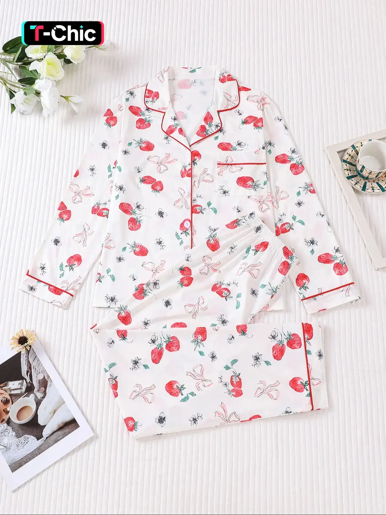 2 pieces of women's strawberry printed Fitted long sleeved pants Knit Pajama Pyjamas Pjs sleepwear set with pockets suitable for all seasons, Summer, comfortable, trendy, energetic, elegant and casual home wear Loungewear Womenswear
