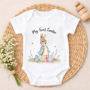 Baby Bodysuit Easter Bunny Rabbit Print 100% Pure Cotton Non-Irritating Snap Closure Breathable Perfect For Gifting & Everyday