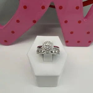 (R28) Stunning Diamond Halo Engagement Double Ring with Intricate Pave Setting and Amethyst Accents for a Luxurious Look