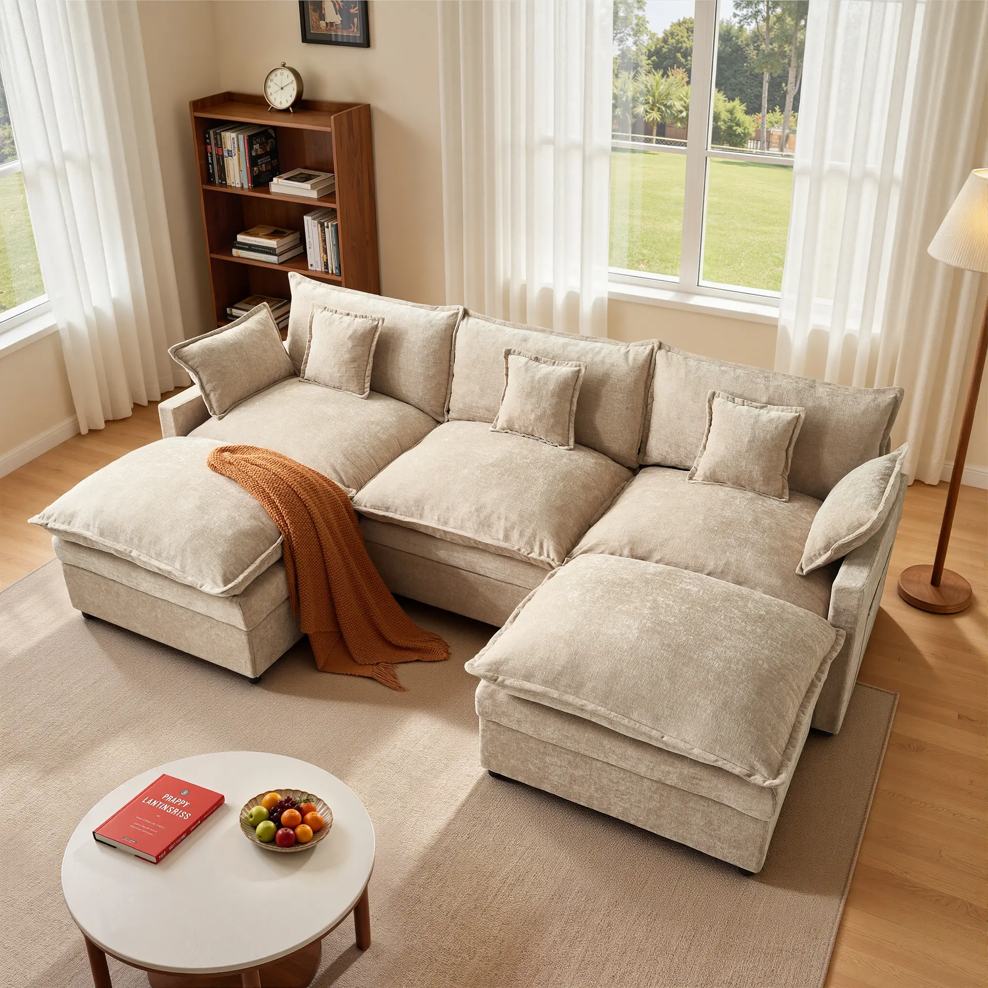 【2 Packages Shipping】OOSWIFT 108" Cloud Couch U Shaped Sectional Sofa, Modular Deep Seat Sofa with 2 Ottomans, Soft Comfortable Living Room Couch for Relaxing, Lounge & Family Space