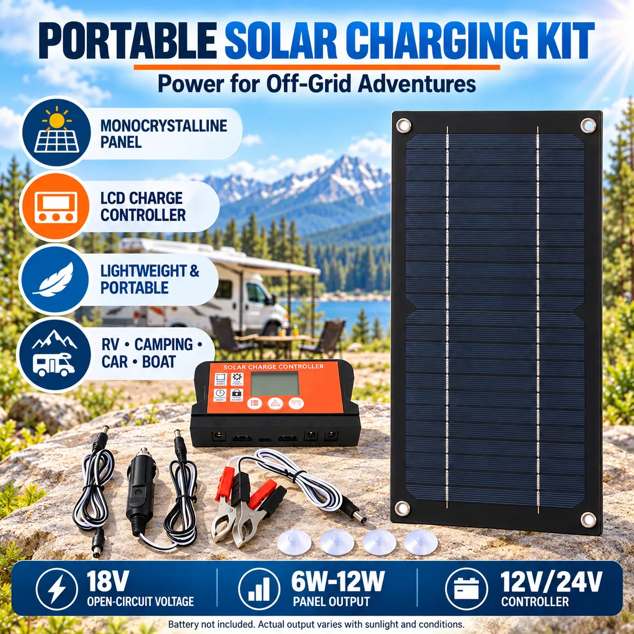 Monocrystalline Solar Panel Kit with 100A Charge Controller, Extension Cable & Battery Clips, Portable Solar Battery Charger for RV, Car, Camping and Off-Grid Outdoor Use