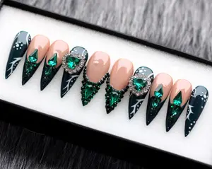 Emerald Green Press On Nails | Luxury Crystal French Tip Nails | Dark Green Rhinestone Nail Art | Handmade Fake Nails | Glam Statement Nail