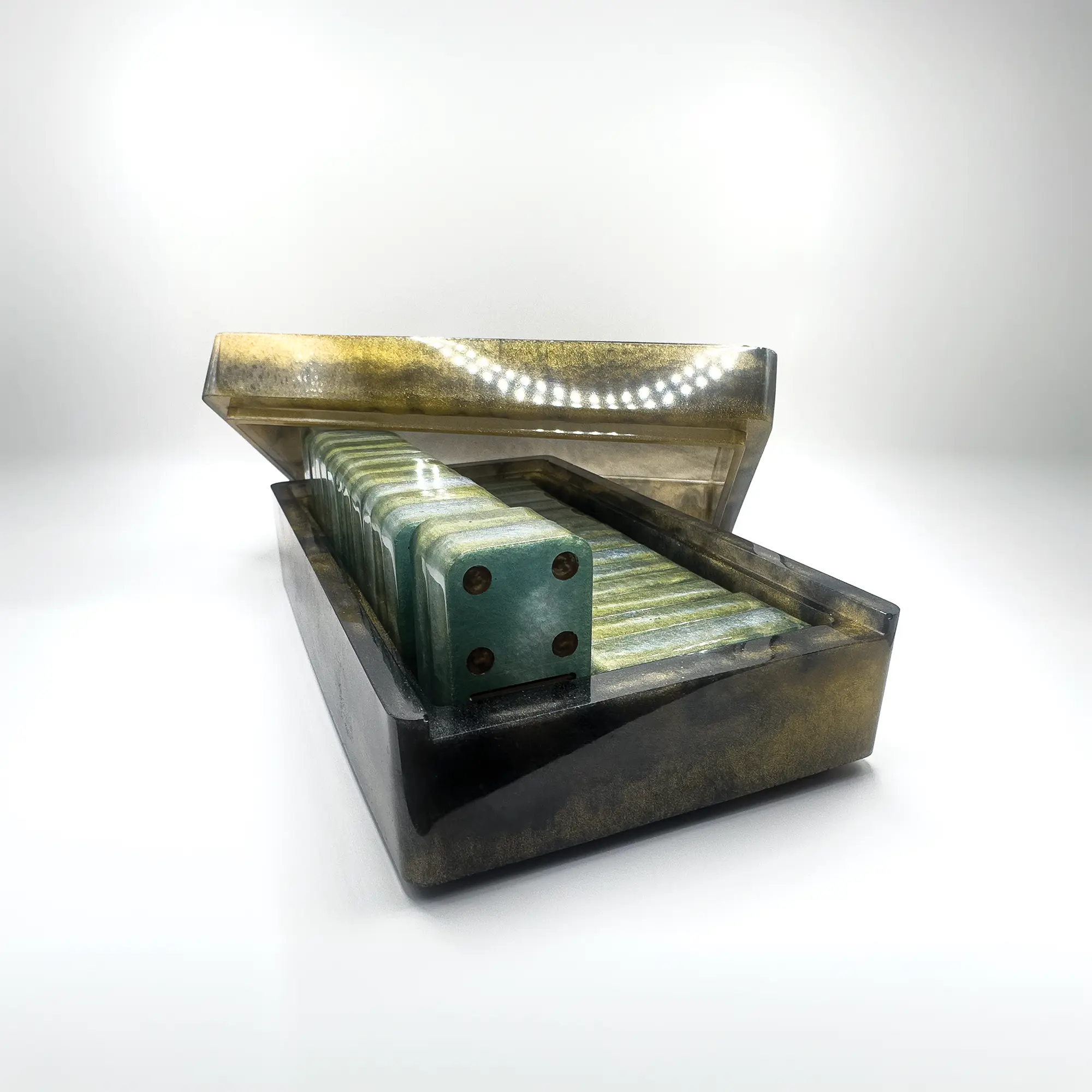 Verdigris Aged Brass Domino Set - Ambient Cast Session Series with Millennium Vault, 28 Tiles, 13g Per Tile, Ready to Go, Suitable for 12 Years Above