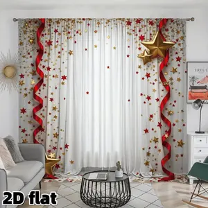 2D Flat 2Pcs Festive Star Pattern Window Curtains, Golden Red Holiday Theme, Rod Pocket Design, Semi Sunshade Polyester Material, Modern Living Room Bedroom Balcony Decor, Christmas Party Treatment, Window Decorations Supplies