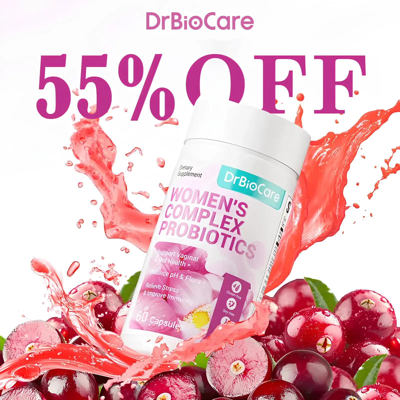 DrBioCare Women’s Probiotic + Herbal Balance Complex – 7 Strains Probiotics (20 Billion CFU) – Gut Health, Energy & Digestive Support – With Ashwagandha, Cranberry & Mulberry Leaf – Non-GMO, Gluten-Free, Soy-Free, Dairy-Free
