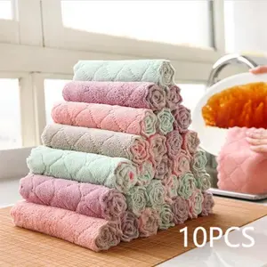 10 Pcs Microfiber Cleaning Cloths, Thick Coral Fleece Super Absorbent Reusable Dish Towels, Soft Absorbent Washable Kitchen Bathroom Car Window Wipes, Dishwashing Cloth