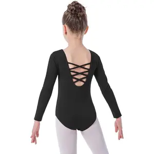 F-CPA16 Girls' Cotton Blend Long Sleeve Ballet Leotard - Crisscross Back Unique Straps, Elastic Fit Kids' Dance Top for Practice & Stage