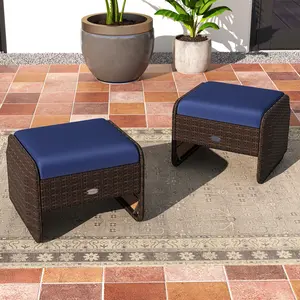 COSTWAY - 2 Pieces Outdoor Patio PE Wicker Ottomans with Removable Cushions-Navy