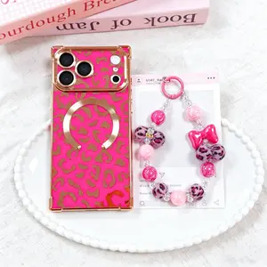 Glamorous Leopard Print Shiny Square Cellphone Case - Luxury Magsafe-Ready Bundle with Matching Beaded Bracelet, Full-Body Cover for iPhone 16/15/14/13 Pro Max
