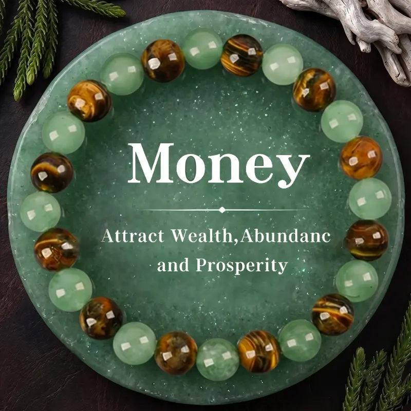 Colorblock Beaded Bracelet - Crystal and Stone Mix with Green Aventurine, Tiger Eye - 18cm Elastic Stretch Band for Wealth, Success, Protection (Unisex)