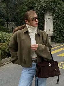 Women's Street Fashion Solid Loose Suede Texture Coats Causal Long Bat Sleeves Lapel Zipper Fly Winter Vintage Jackets