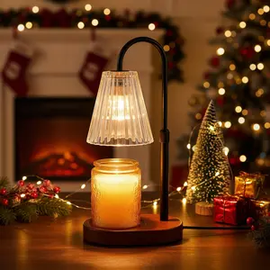 Adjustable Candle Warmer Lamp with Timer - Clear Shade + Walnut Wooden Color Base - Electric Light Wax Warming Dimmable Flameless Top Melter Heater for Melting Heating Small Jar Candles Christmas Gifts Candle Holder Home Goods Home Decoration