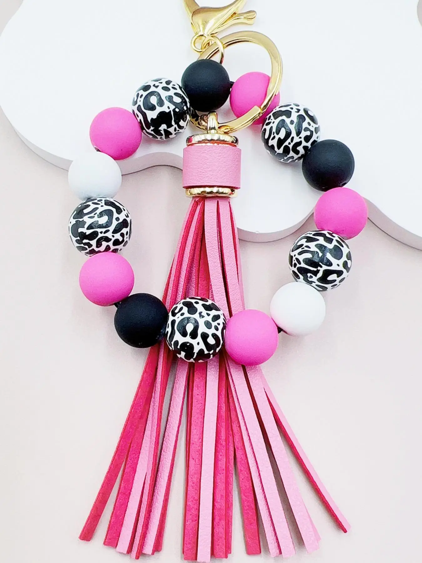 Leopard Pattern Beaded Tassel Decor Keychain, Boho Style Jewelry for Women & Girls, Summer 2024 Fashion Accessories for Daily Wear, Exquisite Jewelry
