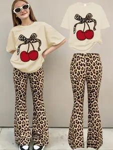 Girls' Cherry Leopard Bow Short Sleeve Fitted T-Shirt & Versatile Bell Bottoms Set, Casual Sweet Cool Fashion for All Seasons